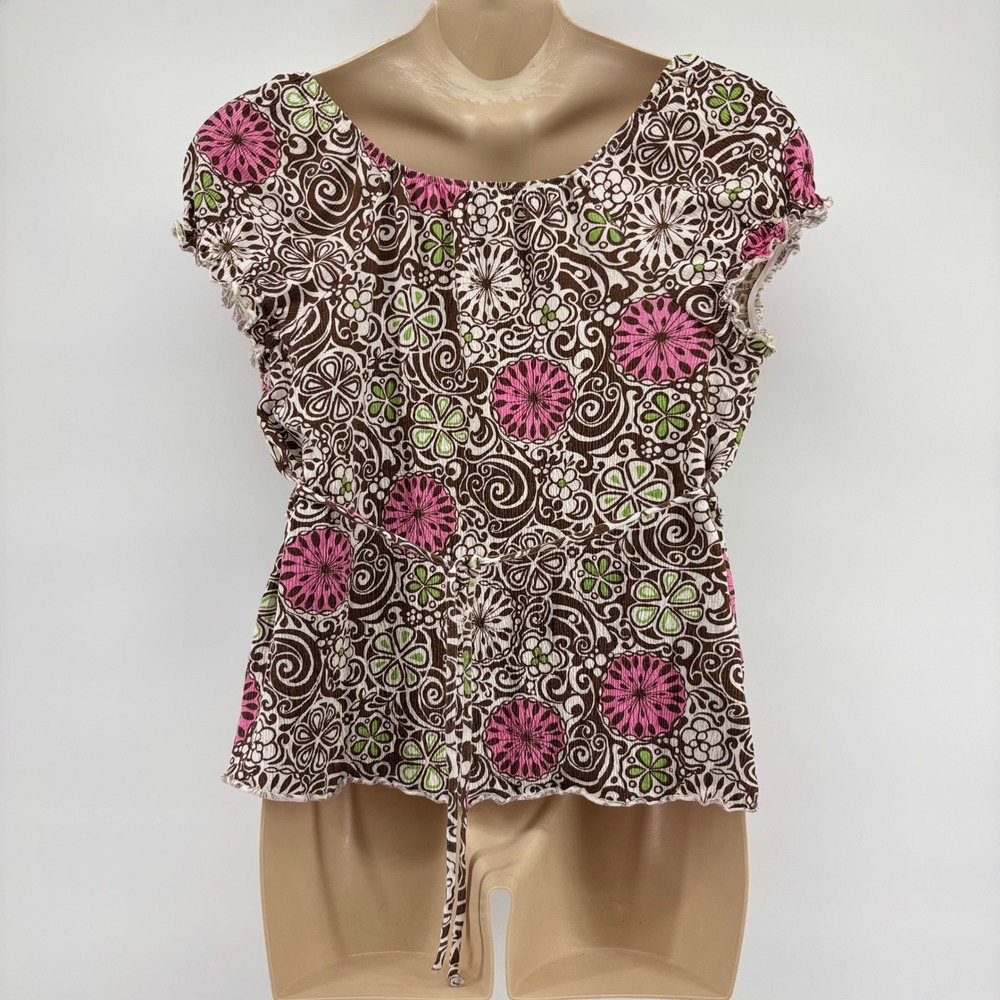 Bamboo Traders Women's XL Brown Pink Floral Tie Waist Peplum Blouse‎ Lizzie Y2K - Picture 5 of 7